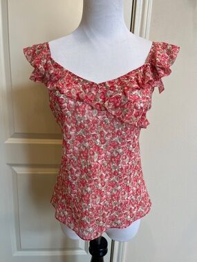 Ann Taylor Pink Floral Ruffle-Trim Camisole